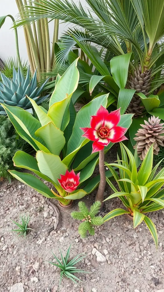 A vibrant tropical garden featuring various plants including large green leaves and bright red flowers.