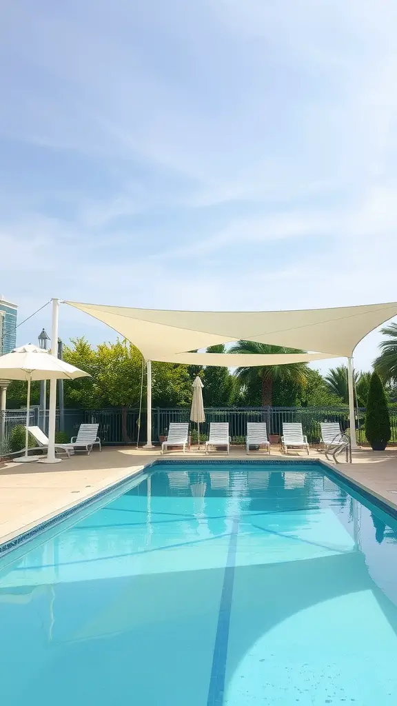 A pool area featuring elegant shade structures, lounge chairs, and a clear blue sky.