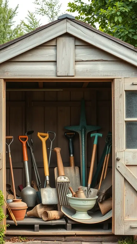 25 Creative Garden Shed Ideas for Your Outdoor Space 27 A vintage garden shed filled with various garden tools, showcasing a rustic and charming display.
