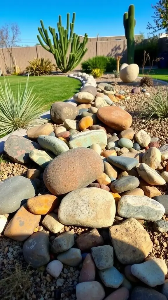 A desert backyard showcasing a variety of colorful stones, cacti, and green plants.