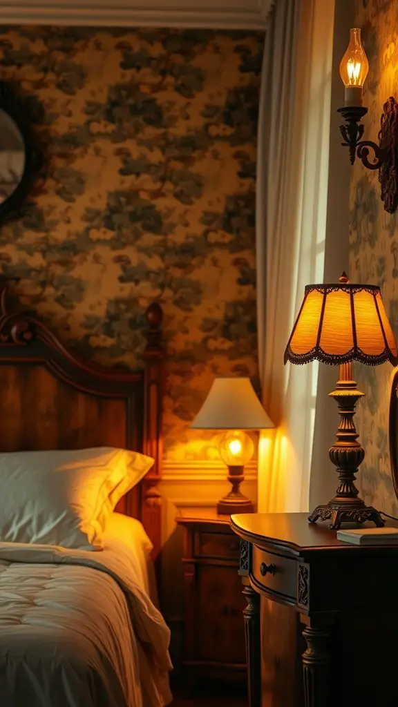 23 Earthy Vintage Bedroom Decor Ideas to Elevate Your Space 4 A cozy vintage bedroom with soft lighting from a table lamp and wall sconce, featuring floral wallpaper and wooden furniture.
