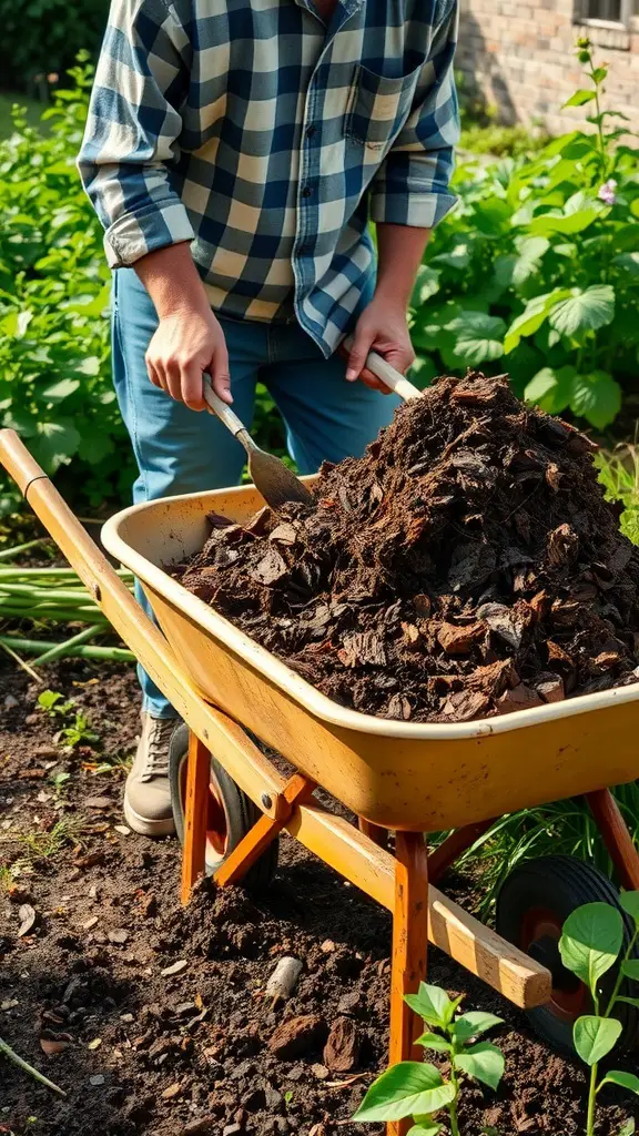 A person preparing soil for an herb garden using a wheelbarrow filled with compost.