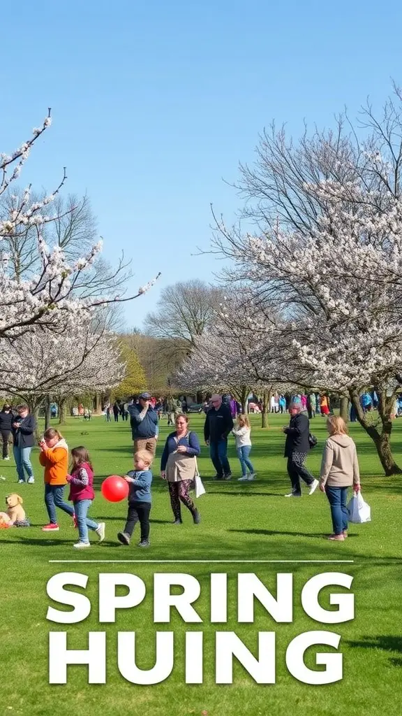 17 Fun Easter Games for Kids and Adults 6 People participating in a spring scavenger hunt in a park with blooming trees.
