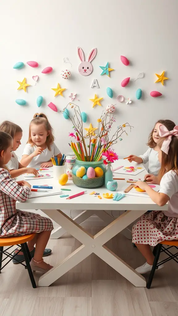 17 Fun Easter Games for Kids and Adults 11 Children engaging in Easter crafts at a colorful craft station with decorations.