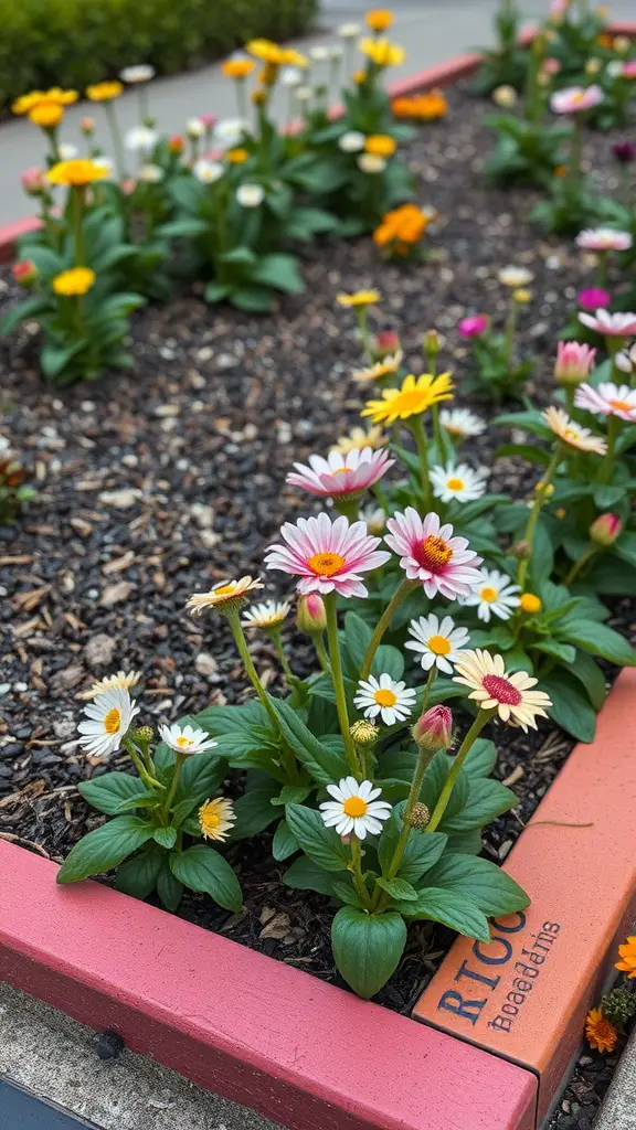 21 Creative Flowerbed Edging Ideas for a Stunning Garden 23 Colorful flowerbed with daisies and stained concrete edging