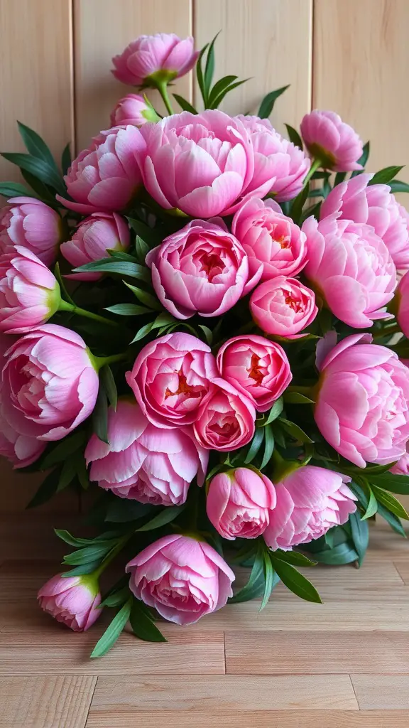 A lush bouquet of pink peonies arranged beautifully
