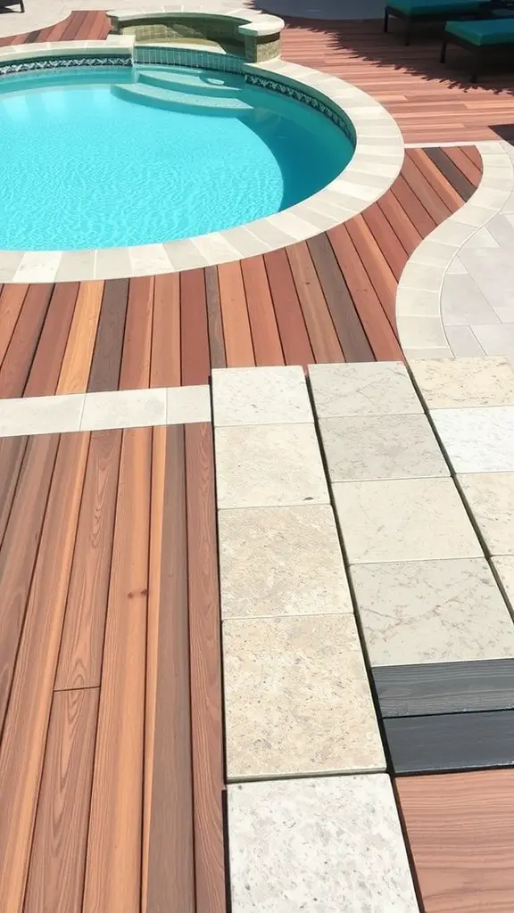 A backyard pool area with a mix of wooden and stone decking surrounding the pool, showcasing stylish design elements.