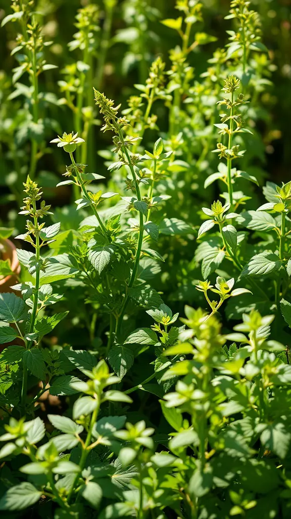 A close-up view of a lush herb garden with various green herbs.