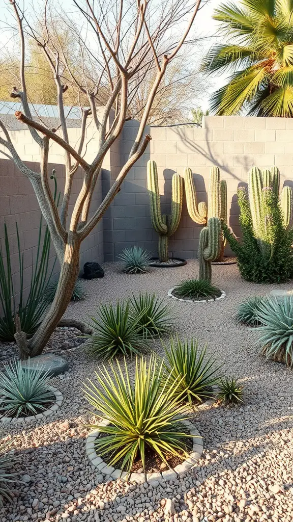 Desert backyard with various cacti and plants surrounded by gravel.
