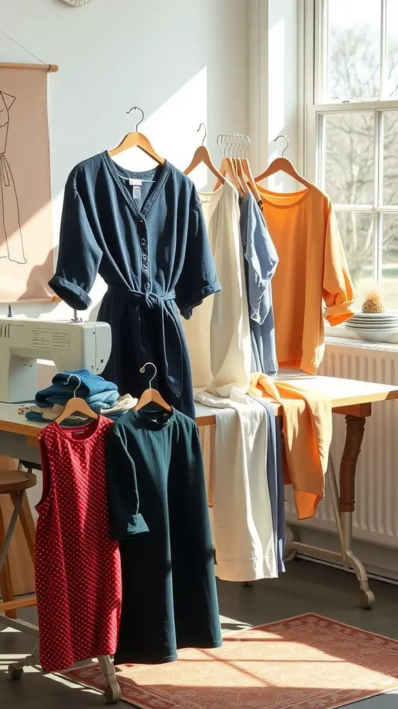 A collection of sustainable clothing displayed in a bright room, including various colors and styles.
