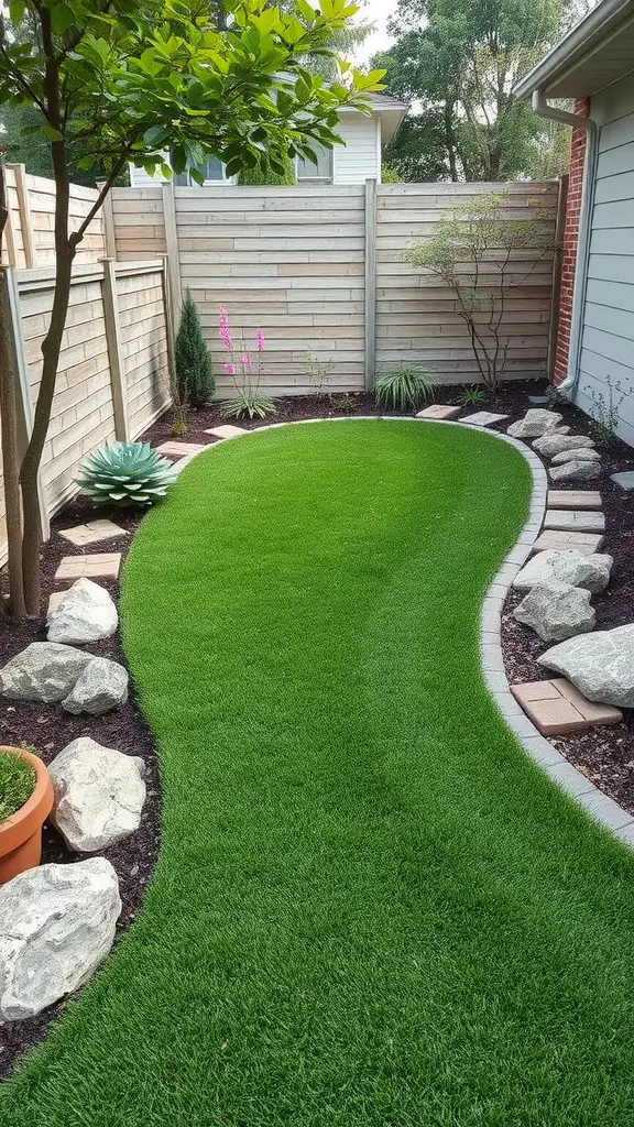 A landscaped backyard featuring artificial turf bordered by stones and plants