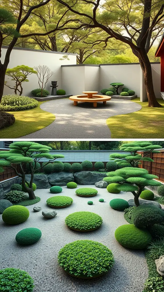 A comparison of two Zen garden designs; one is symmetrical with a circular seating area, while the other features asymmetrical arrangements of greenery and stones.