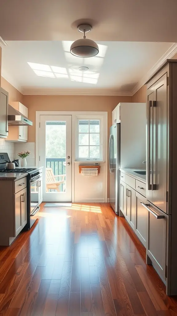21 Stunning Kitchen Floor Ideas to Transform Your Space 10 A bright kitchen featuring hardwood flooring, light-colored cabinets, and a door leading to an outdoor area.