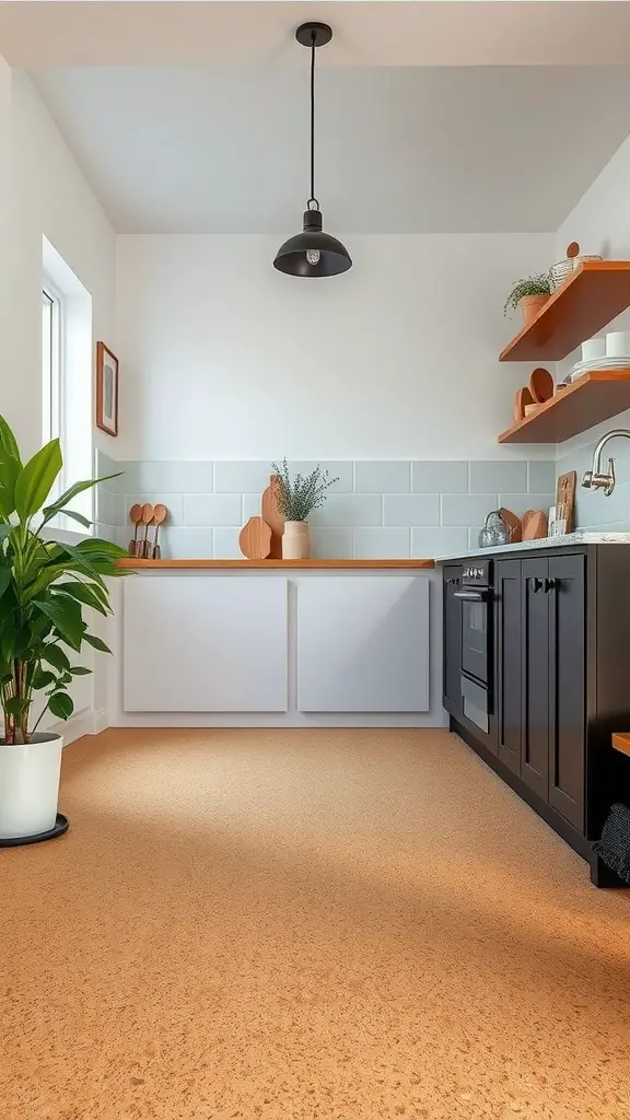 21 Stunning Kitchen Floor Ideas to Transform Your Space 21 A modern kitchen with cork flooring, featuring dark cabinets, a stylish pendant light, and decorative shelves.