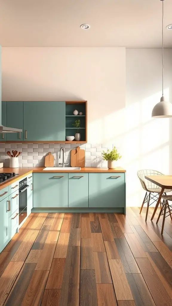 21 Stunning Kitchen Floor Ideas to Transform Your Space 2 A modern kitchen featuring blue cabinets and a wooden floor with sunlight streaming in