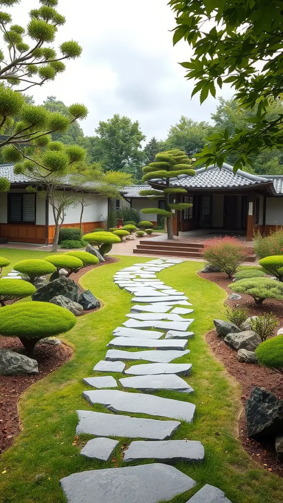 A beautifully landscaped Zen garden featuring a winding stone pathway surrounded by neatly trimmed greenery and rocks.