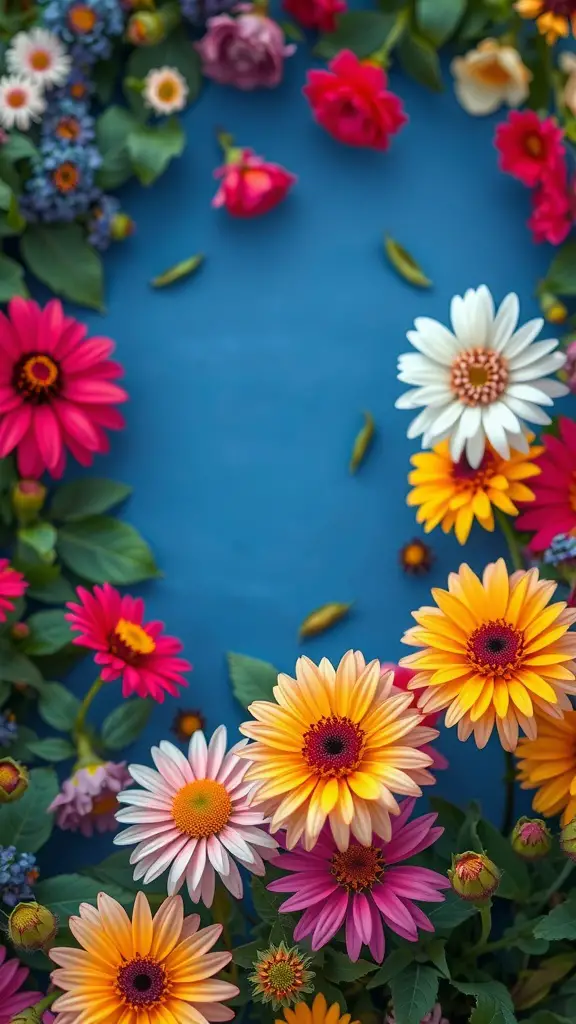 25 Stunning Elements to Create the Perfect English Garden 16 A vibrant arrangement of various flowers in bright colors on a blue background.