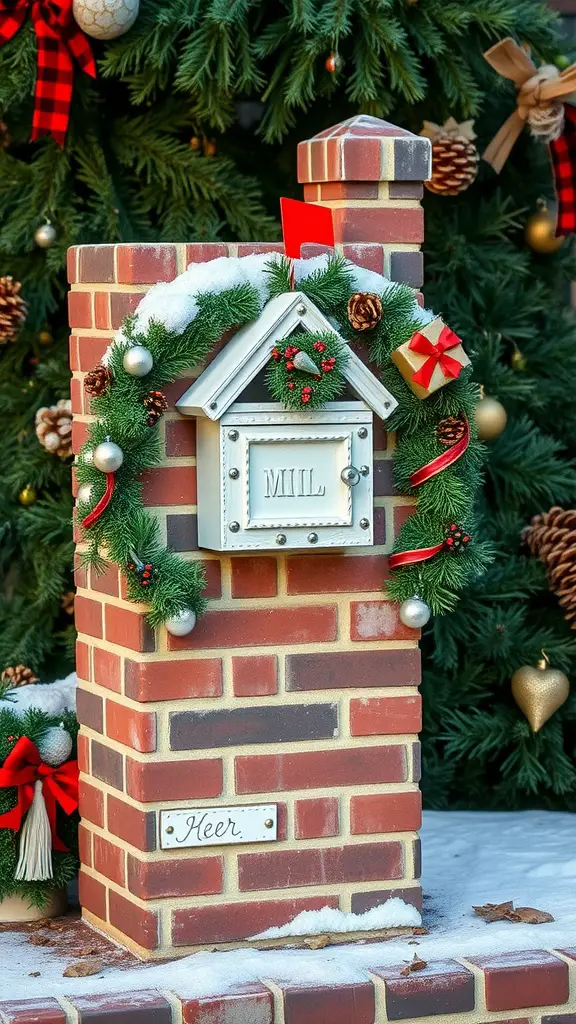 27 Creative Brick Mailbox Designs for Your Home 15 A decorated brick mailbox with seasonal decor, featuring wreath, ornaments, and a snow-covered base.