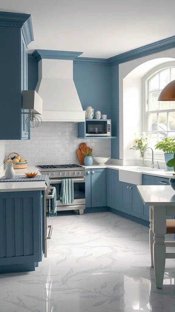 29 Stunning Blue and White Kitchen Ideas 26 A kitchen with blue cabinets, white countertops, and a cozy atmosphere.