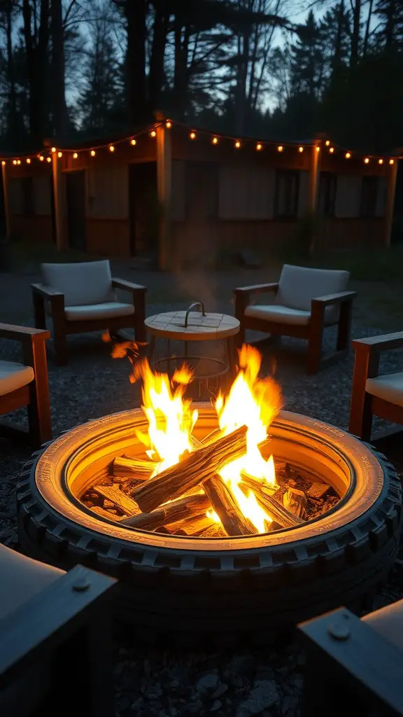 A cozy tire fire pit surrounded by wooden chairs in a dimly lit outdoor setting.
