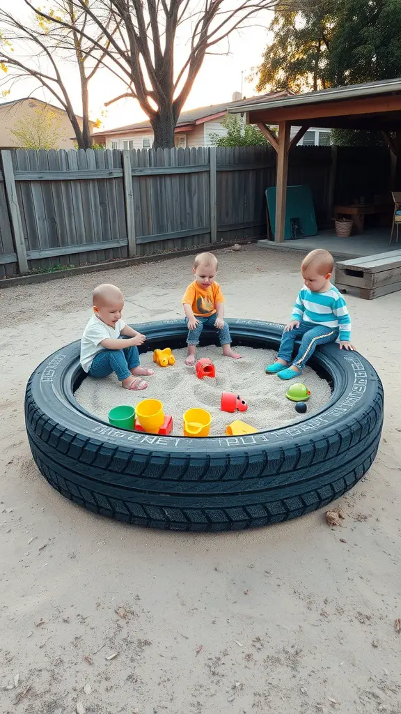 Three toddlers playing in a tire sandbox filled with sand and colorful toys
