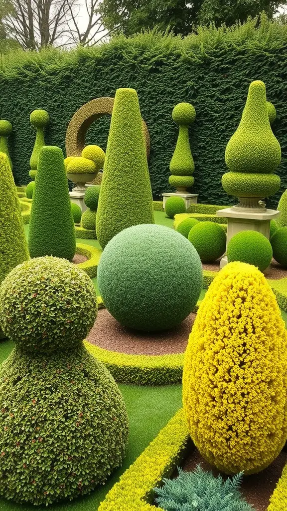 A beautifully designed garden featuring various topiary shapes in green and yellow.