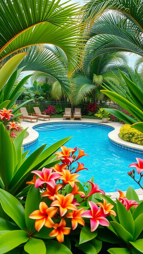 A tropical landscaped pool area with palm trees and colorful flowers.