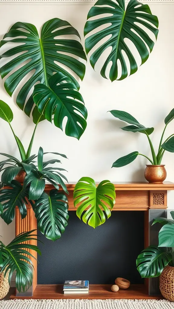 21 Stunning Summer Mantle Decor Ideas for a Bright and Breezy Look 8 A mantle decorated with large tropical leaves and potted plants, showcasing a vibrant and lush interior.