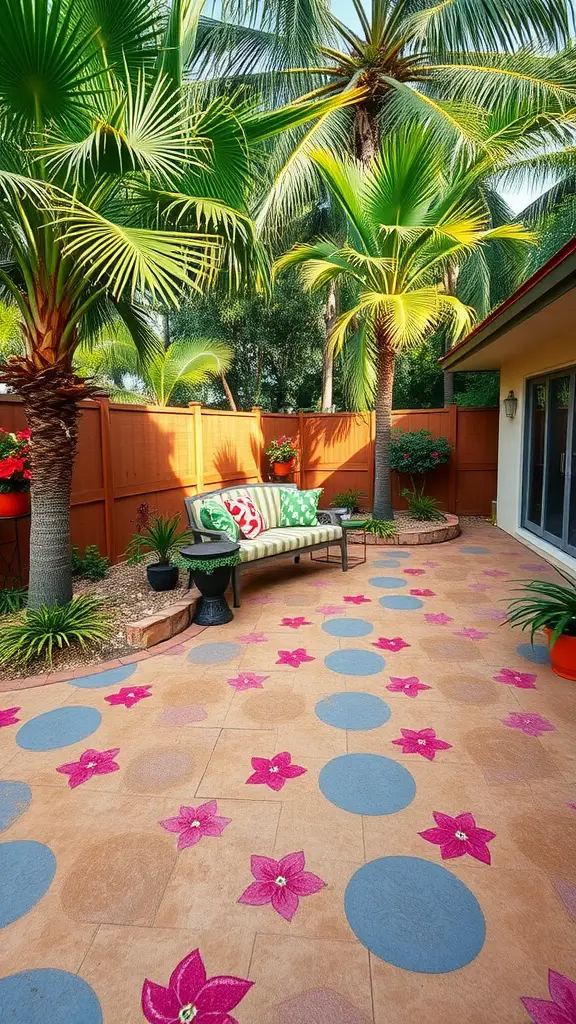 A tropical-themed patio with stamped concrete featuring pink flowers and circular patterns, surrounded by palm trees.