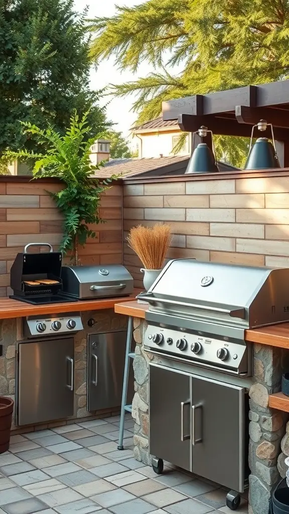 Stylish outdoor kitchen with stainless steel grills, wooden countertops, and greenery.
