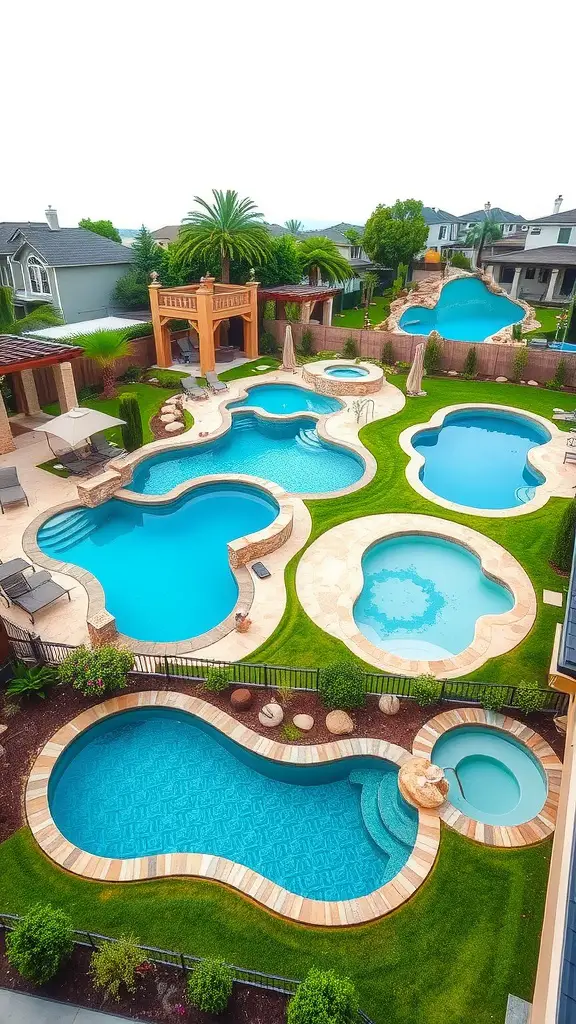 Aerial view of multiple uniquely shaped pools in a backyard, surrounded by green grass and landscaping.
