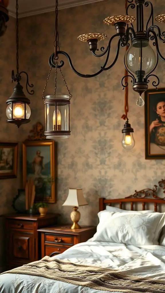 23 Earthy Vintage Bedroom Decor Ideas to Elevate Your Space 14 Vintage lighting fixtures including lanterns and a chandelier in a cozy bedroom.