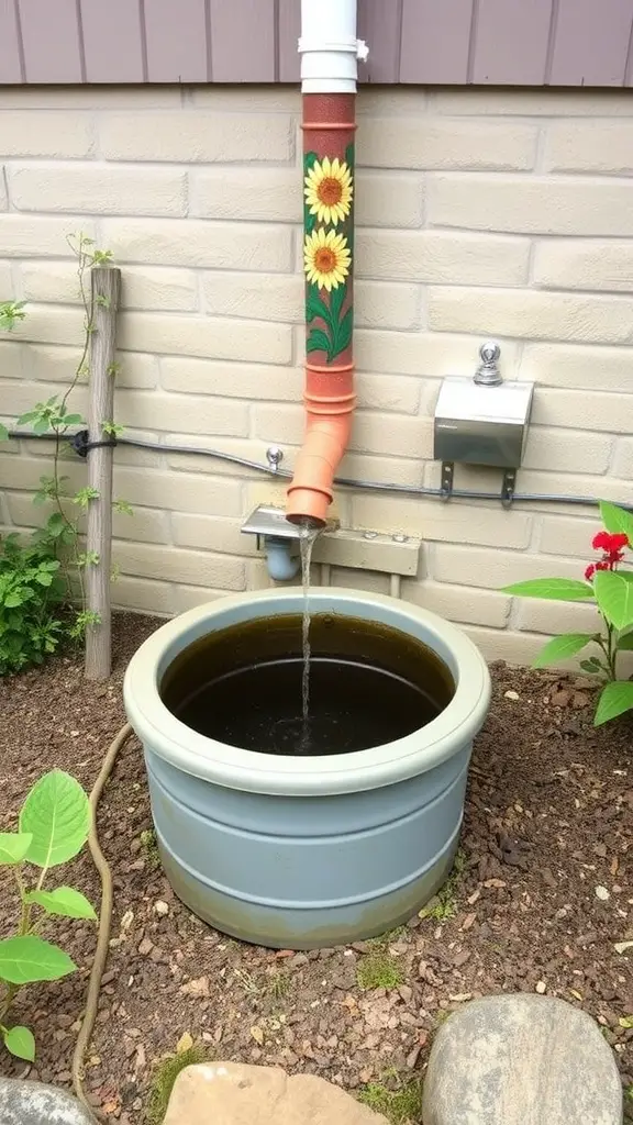 Cistern collecting rainwater from a decorated downspout in a garden