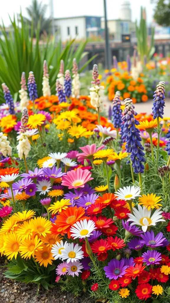 A vibrant display of colorful drought-tolerant flowers in a landscaped area.