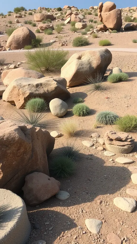 Landscape featuring decorative boulders and drought-tolerant plants in a dry area.