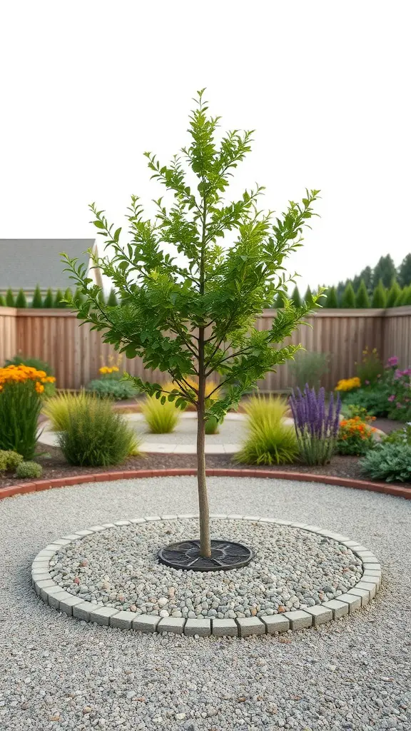 A tree surrounded by a circular gravel border in a landscaped garden.