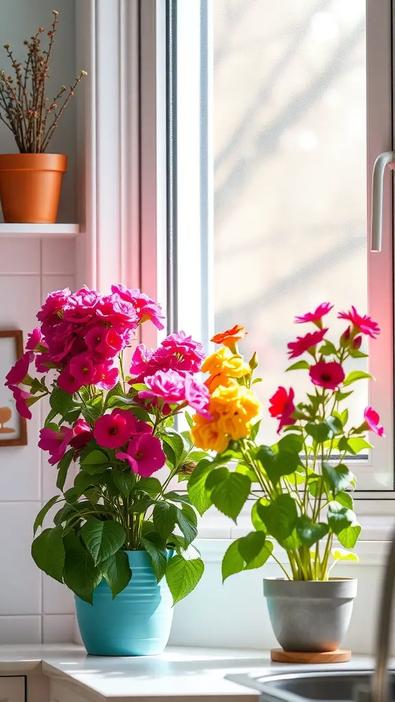 19 Beautiful Indoor House Plant Ideas to Refresh Your Space 5 A sunny kitchen windowsill with vibrant flowering plants including pink and yellow blossoms in decorative pots.