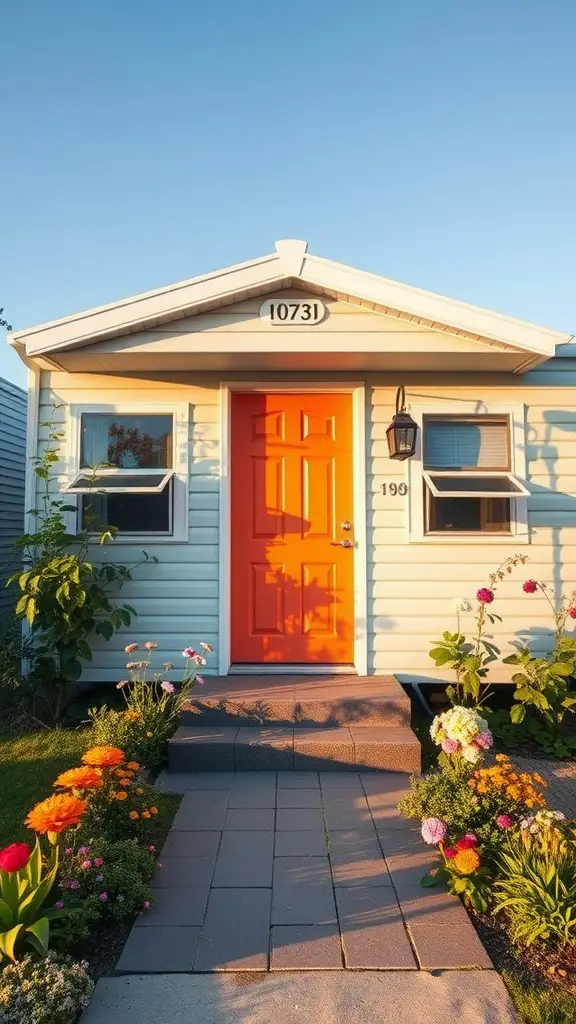 17 Creative Ways to Boost Your Mobile Home Curb Appeal 2 A mobile home with a bright orange front door, surrounded by colorful flower beds