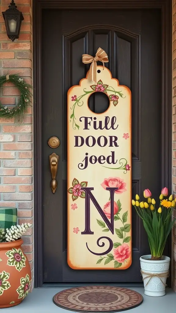 19 DIY Spring Door Hangers Dollar Tree Designs You’ll Want to Copy! 16 Vintage-style door hanger with floral designs and the word 'Full Door' on it