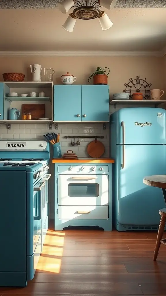 29 Stunning Blue and White Kitchen Ideas 14 A cozy vintage blue kitchen with retro appliances, wooden counters, and natural light.