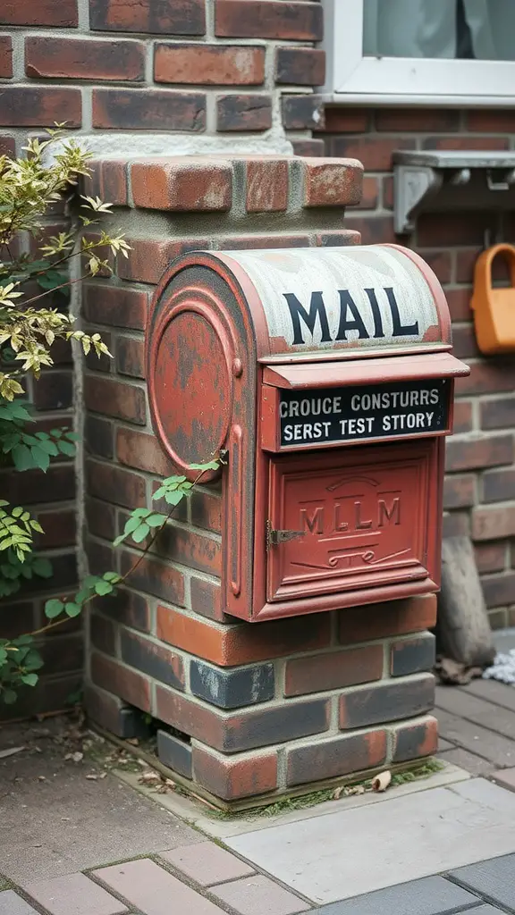 27 Creative Brick Mailbox Designs for Your Home 16 A vintage brick mailbox with patina, featuring a bold 'MAIL' sign and surrounded by greenery.