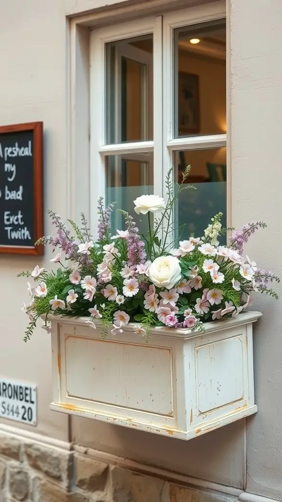 25 Stunning Flower Box Ideas for Window Gardens 11 A vintage wooden flower box adorned with colorful flowers, placed beneath a window.