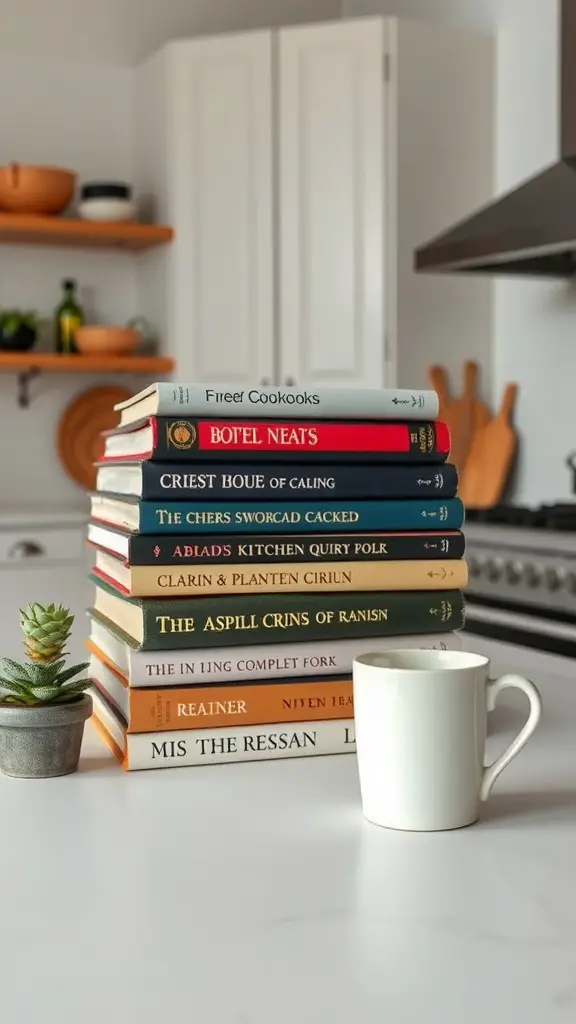 21 Stunning Kitchen Island Decor Ideas for Spring 12 A stack of vintage cookbooks with a white mug and a small succulent plant on a kitchen island.