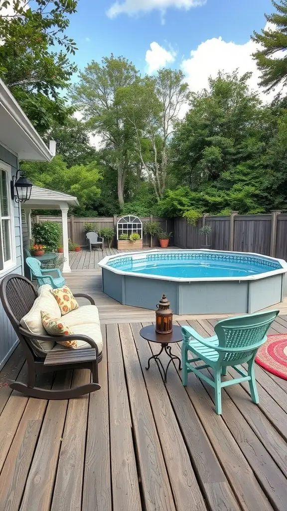 23 Stunning Above Ground Pool Ideas with Deck Designs You'll Love 19 A cozy backyard featuring a vintage-style above-ground pool, rocking chairs, and a small table with a lantern.
