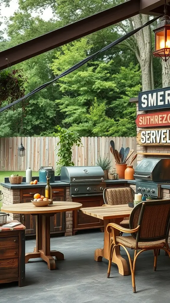 25 Creative DIY Outdoor Kitchen Ideas for Your Backyard 22 A vintage-inspired outdoor kitchen featuring wooden furniture, retro signage, and a cozy atmosphere.