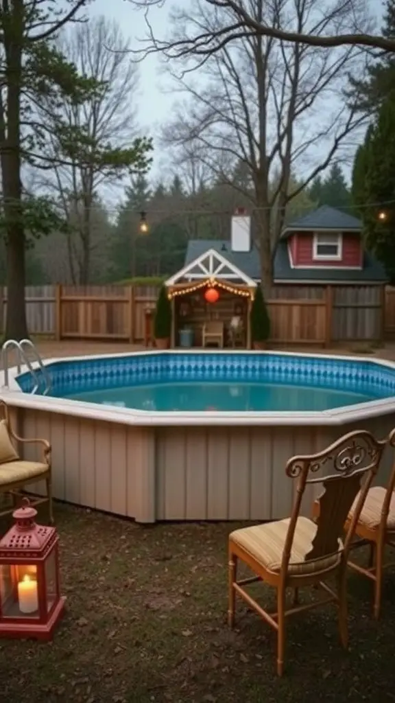 25 Stunning Landscaping Ideas for Above Ground Pools 28 A cozy above-ground pool area with vintage decor touches, including wooden chairs and a lantern