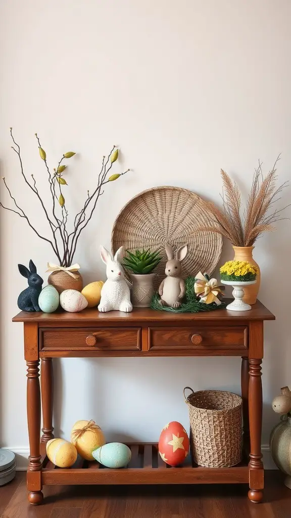 21 Cozy Easter Cottage Decor Ideas for a Charming Spring Look! 18 A rustic wooden table decorated with vintage Easter decor including bunnies, eggs, and a woven basket.