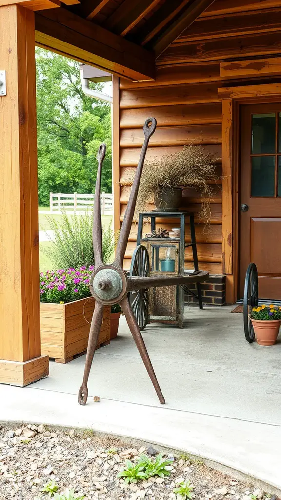 27 Stunning Farmhouse Front Porch Ideas to Transform Your Home 16 A vintage cultivator wheel displayed on a farmhouse porch
