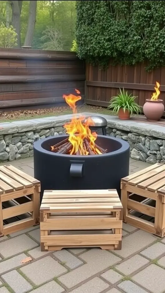 27 Cozy Backyard Fire Pit Lounge Area Ideas 11 A vintage-style fire pit surrounded by wooden crates in a cozy outdoor setting