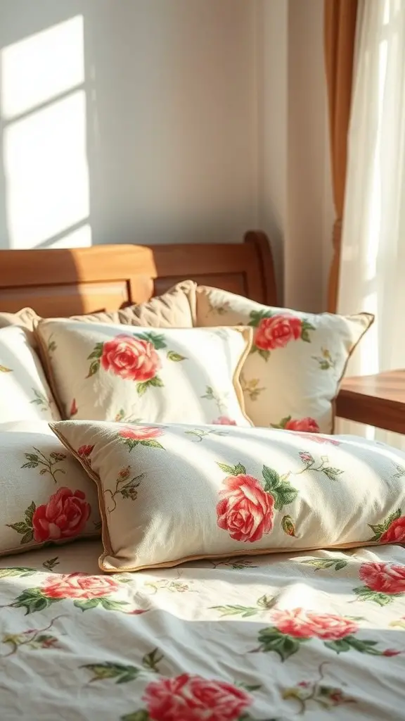 15+ Enchanting Fairycore Bedroom Ideas to Transform Your Space 2 A cozy bed with vintage floral bedding featuring roses, complemented by decorative pillows.